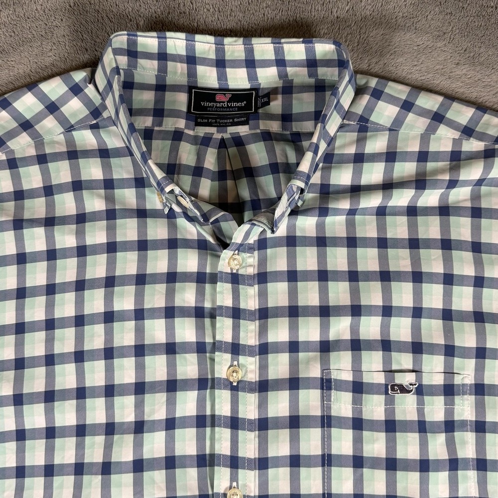 Vineyard Vines Slim Fit Tucker Shirt Mens Size 2XL Blue Check Nylon Long Sleeve - Picture 2 of 16